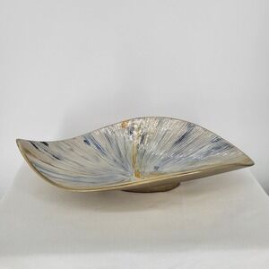 Vintage MCM Style Sunburst Decorative Bowl Gold Blue Leaf Shaped Centerpiece 16"